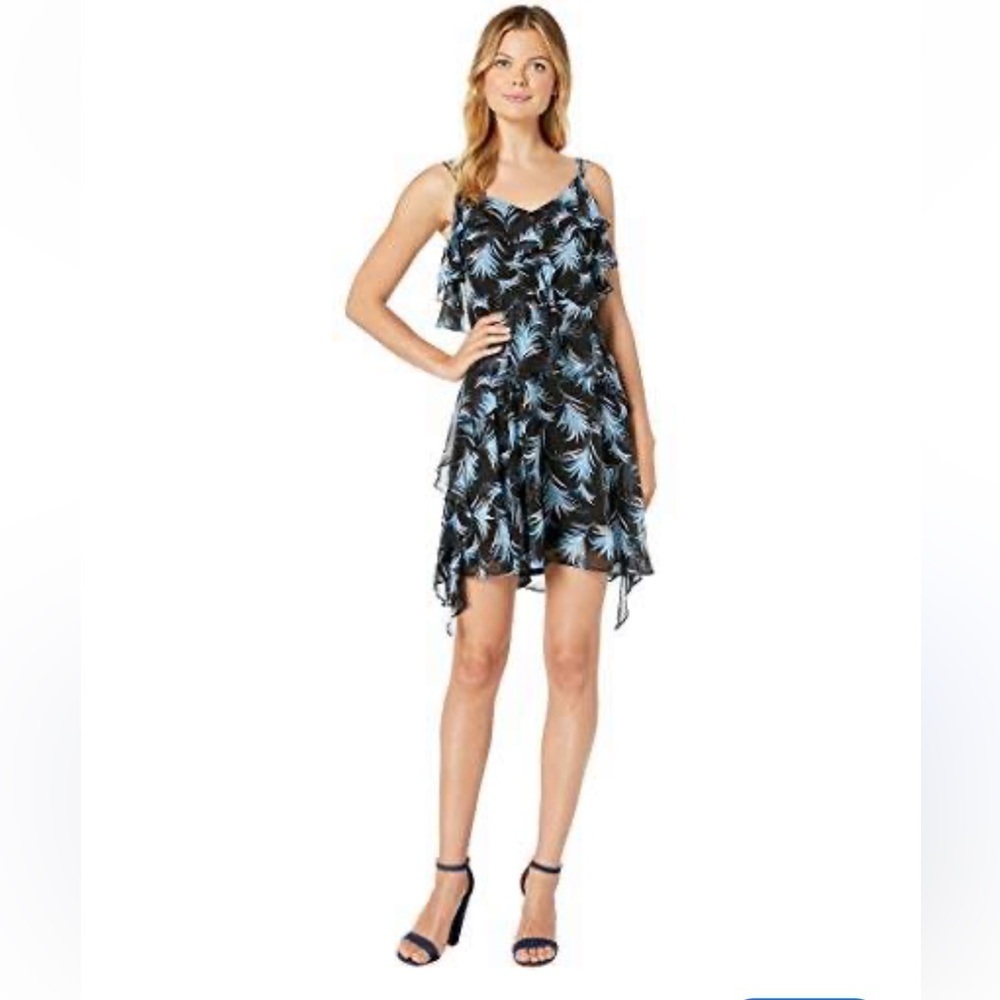 Taylor Womens Ruffle Black Blue Floral Dress w/Lining Summer Travel Size 8 - NEW